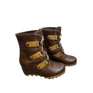 Sorel Joan of Arctic Wedge Mid Lace-Up Boots Women’s 7 Brown Leather Waterproof
